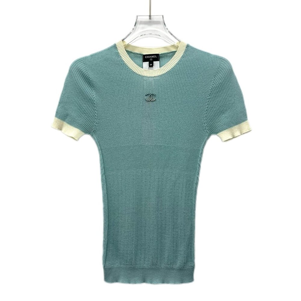 Chanel Blue Short-Sleeve Ribbed Cotton Sweater W/ CC Diamond Logo Crew Neck Size